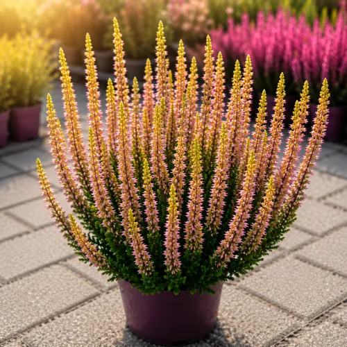 Heide mit gelbem nadelförmigem Laub und rosa Blüten
